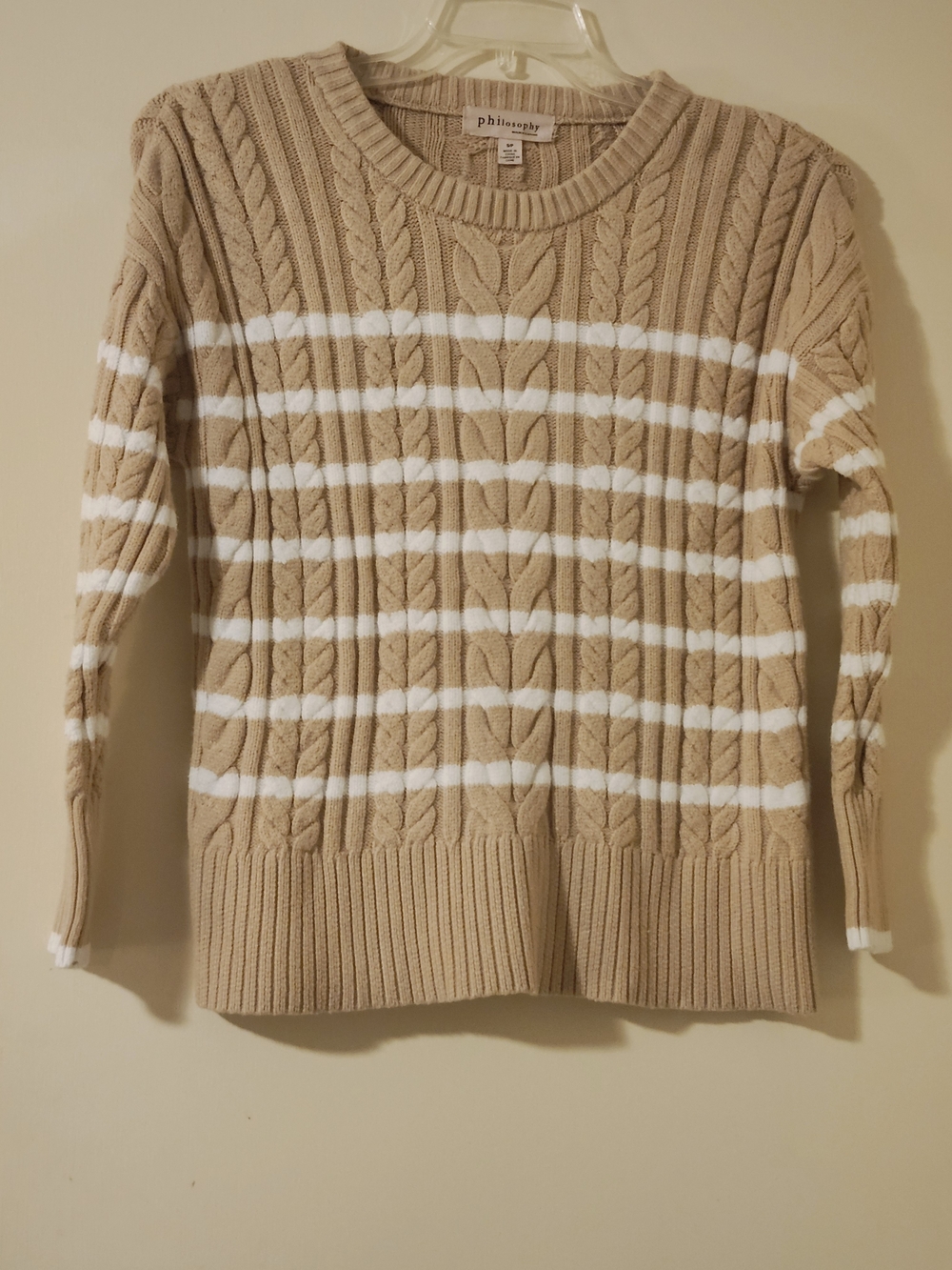 PhilosophyPreppy Beige and White Cable Knit Crewneck Cabincore Sweater S